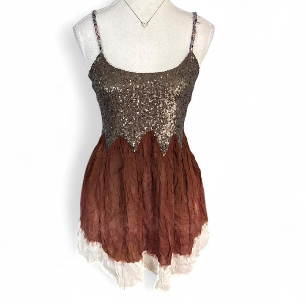 BKE Brown sequin Fairy whimsical boho indie  baby doll tank top size small